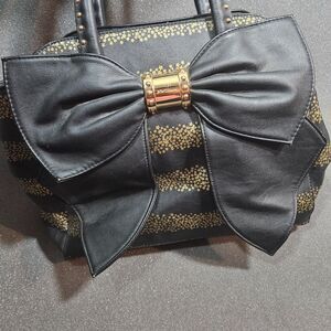 Betsey Johnson Bow Satchel Handbag Black Gold Studded Purse Large Bow